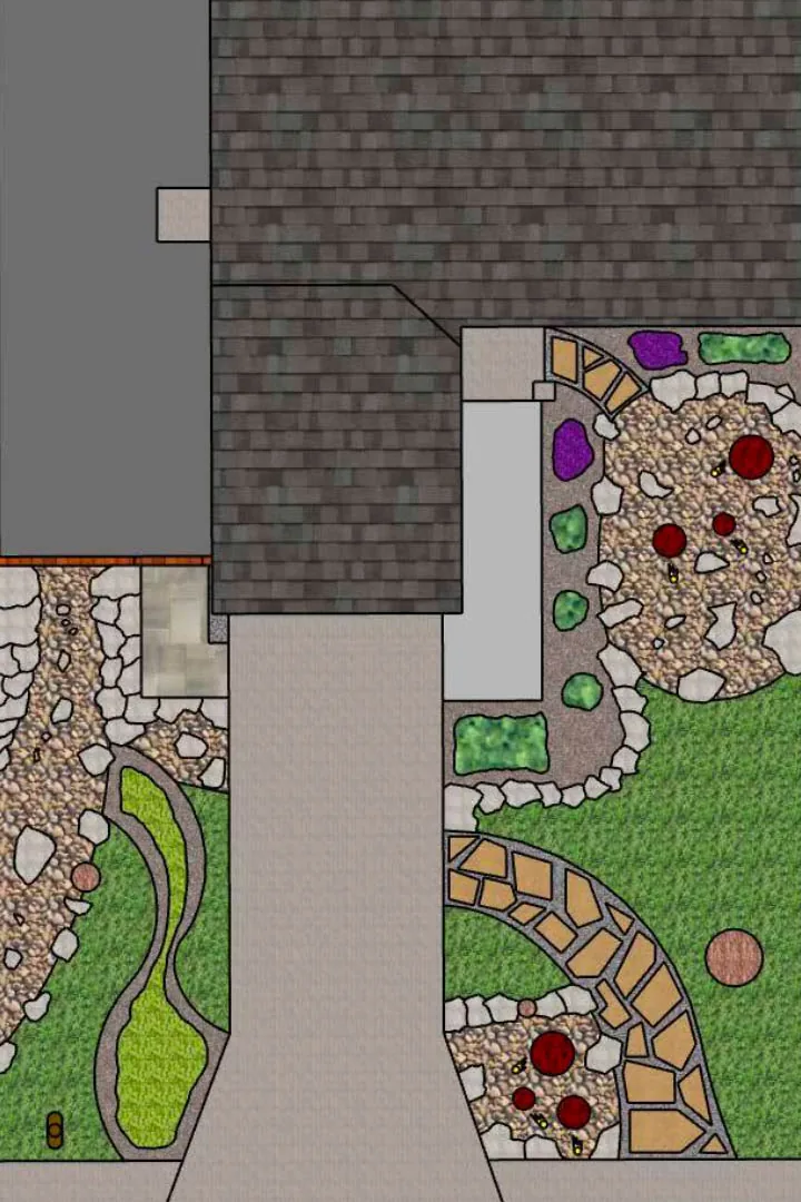 Landscape plan with curved stone paths and rock-edged planting beds beside a house