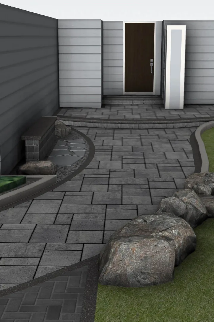 Design rendering of a curved gray paver walkway with boulder borders leading to front entry steps