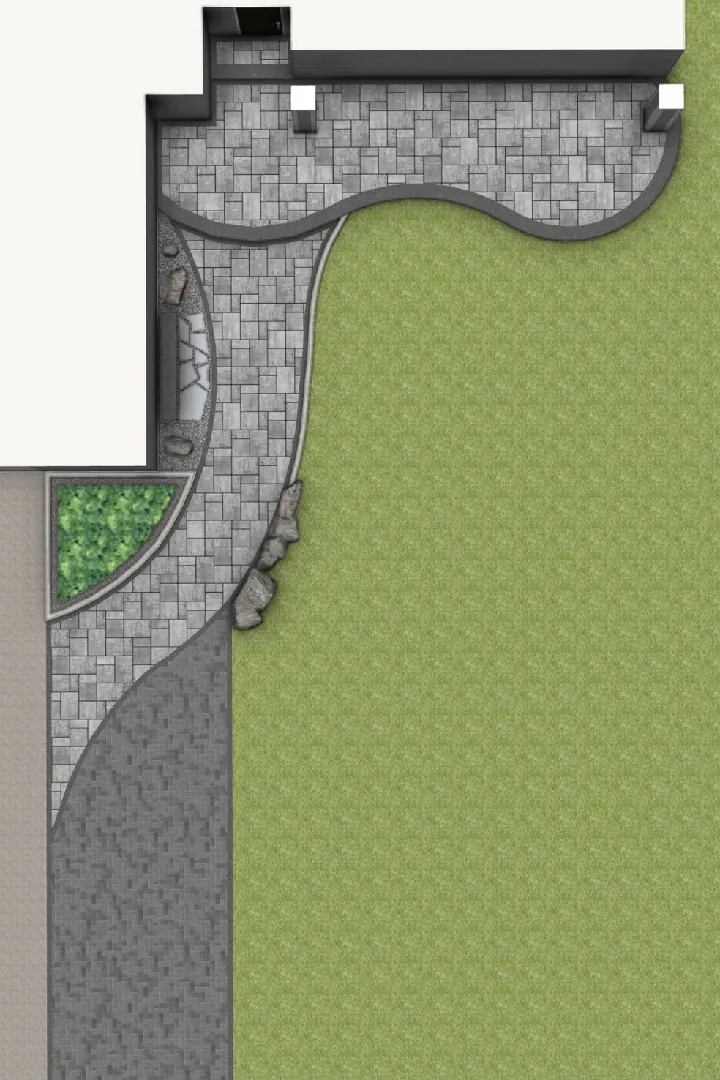 Overhead design of a curved paver walkway and entry patio beside a lawn