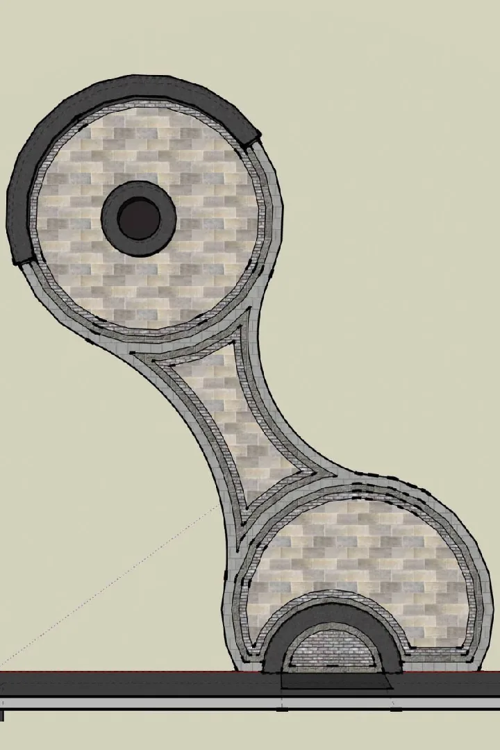 Paver patio plan with a circular fire pit area connected by a curved walkway to a semicircular patio