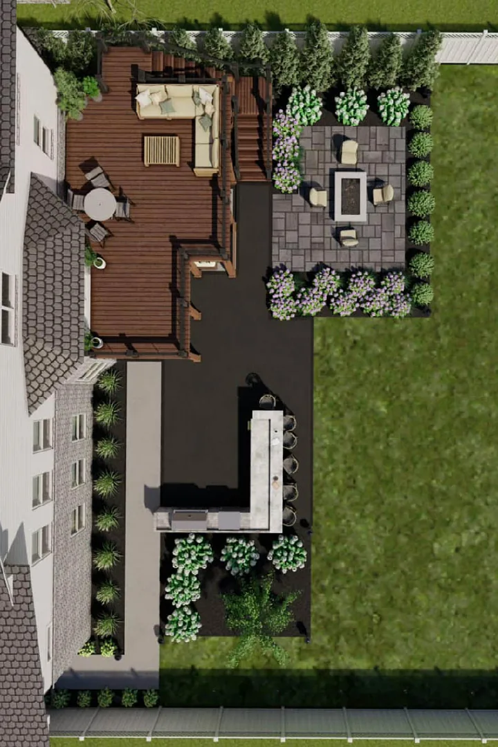 Overhead backyard design with a wood deck, fire table patio, outdoor kitchen, and flowering beds