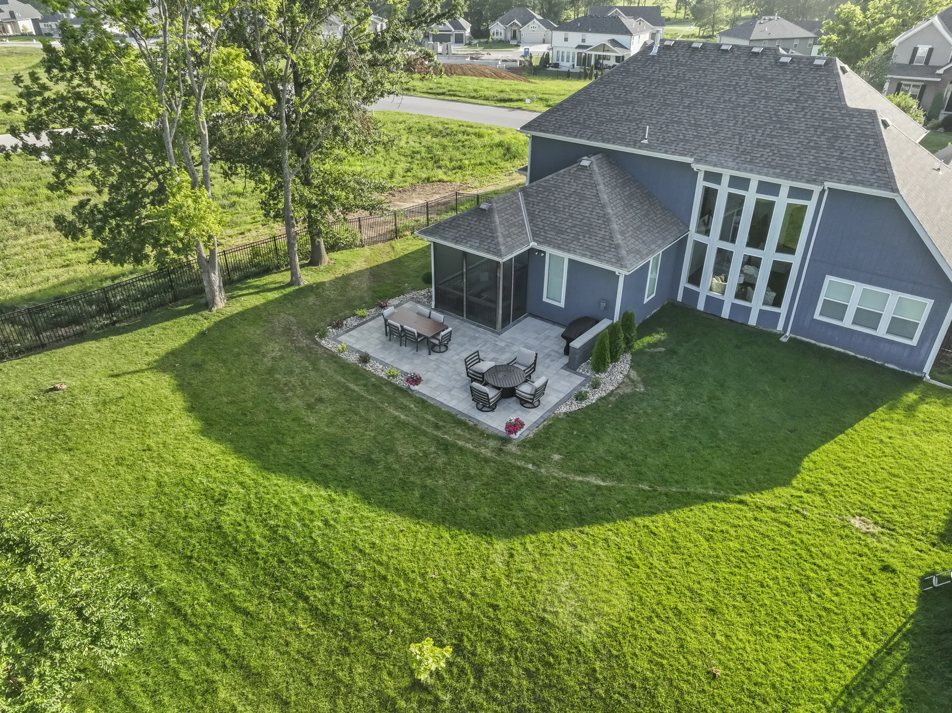 Aerial view of the lawn and patio edge