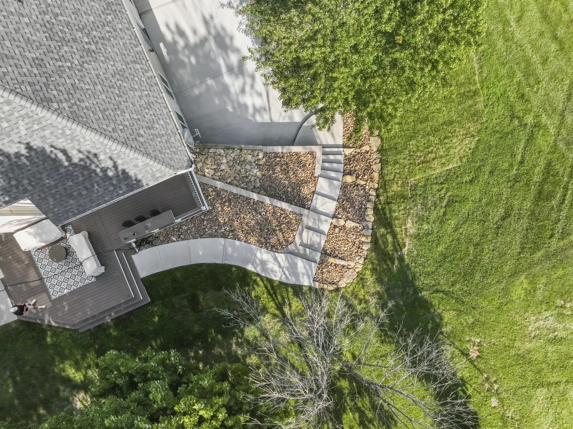 Aerial view of the curved walkway and raised planting areas