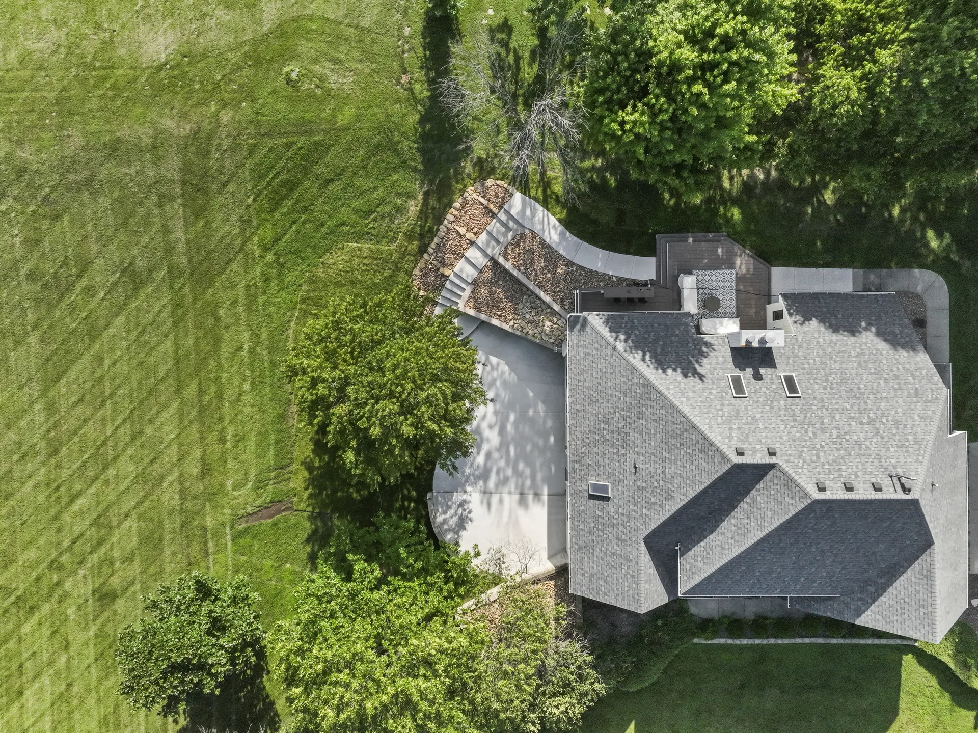 Overhead view of the house and rear retaining wall