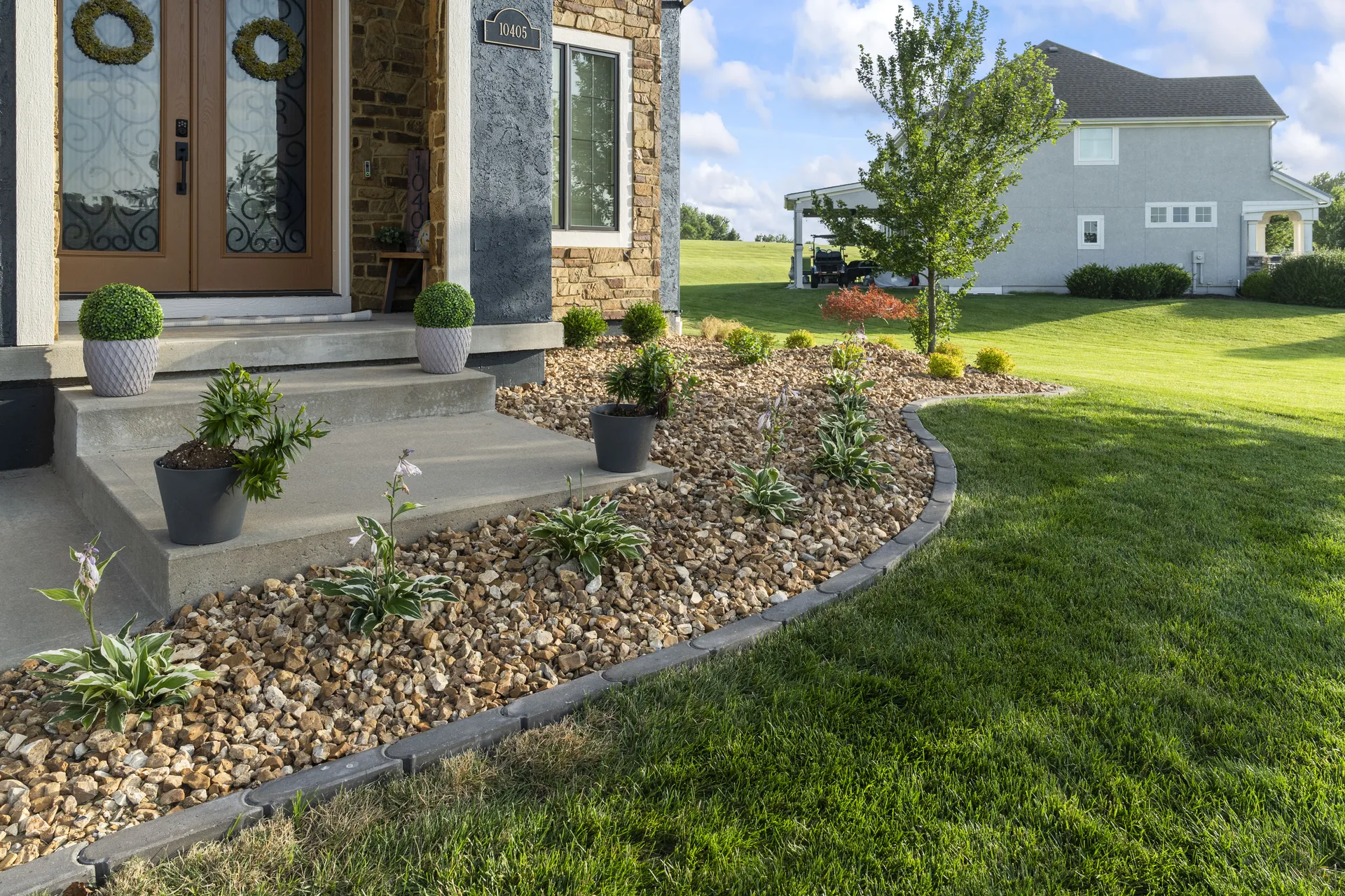 Flowers and mulch along the front-entry walkway