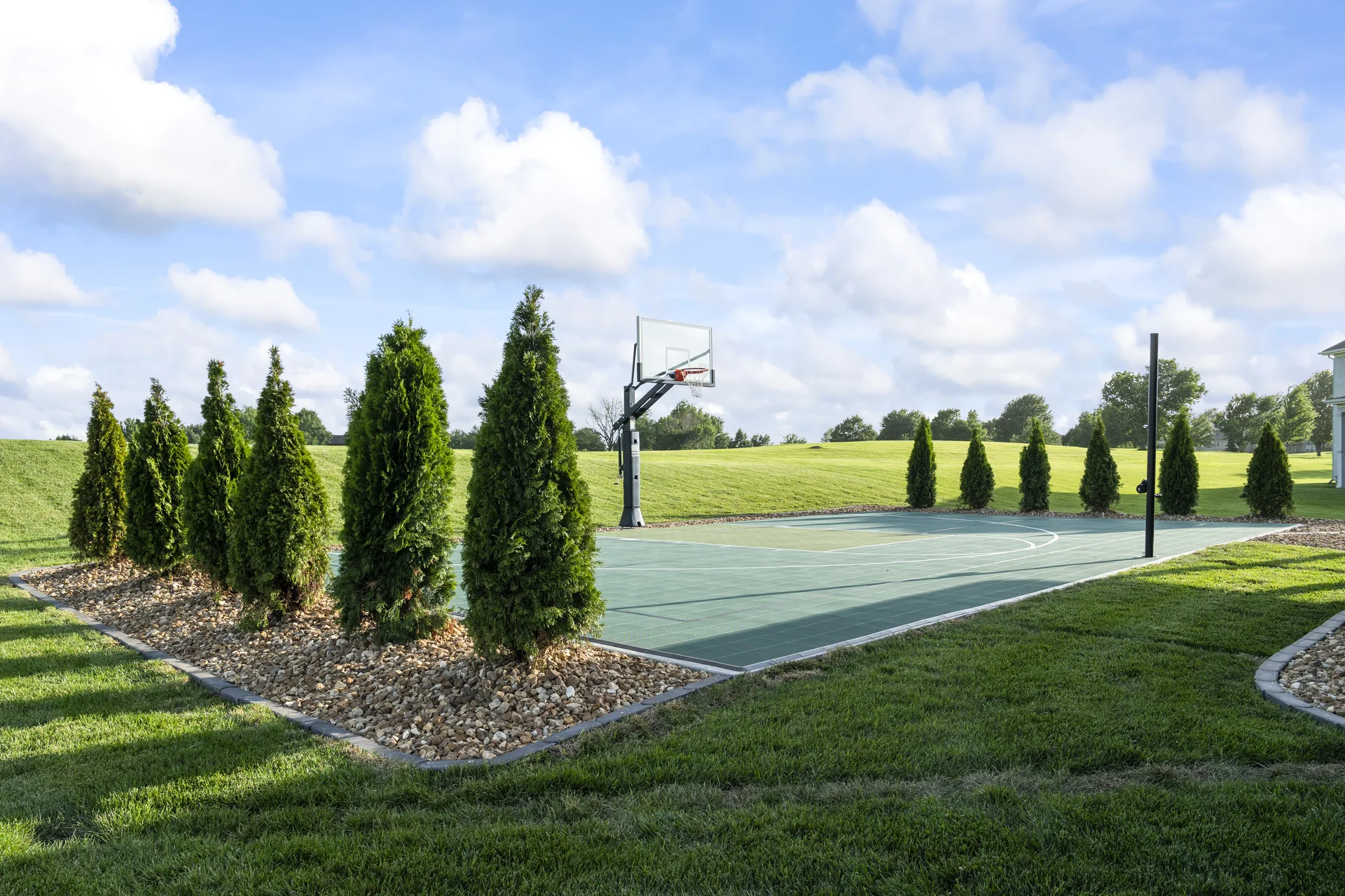 Evergreen planting bed beside the sport court