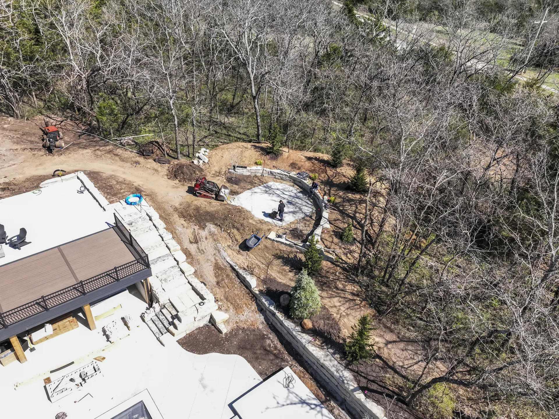 Aerial view of the developing patio and path layout