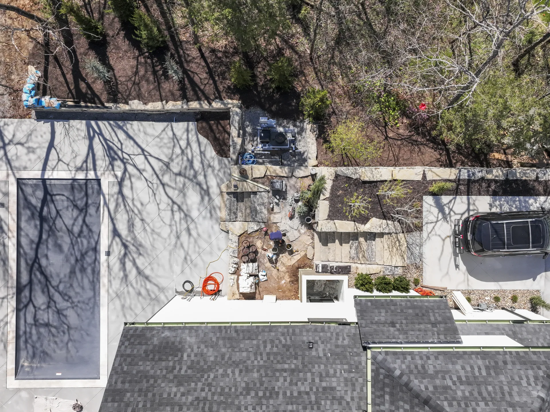 Top-down view of the finished paver seating area
