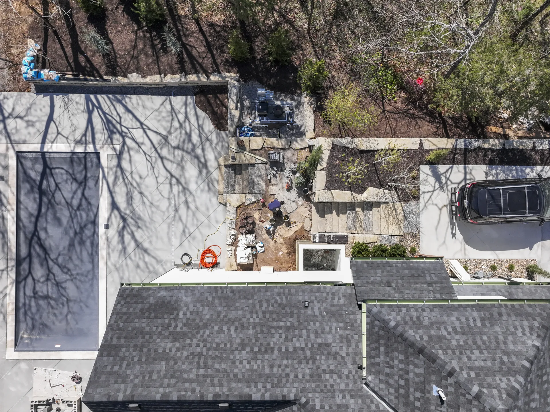 Overhead view of paver paths and planted beds