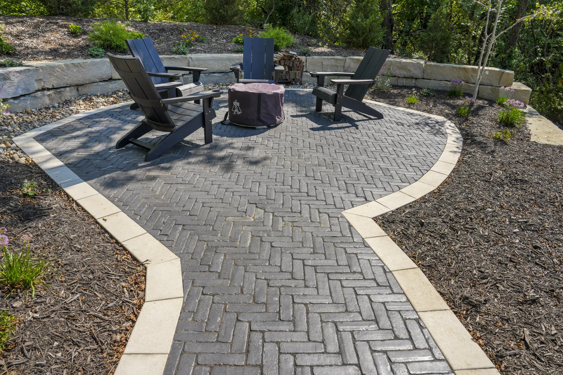 Seating area at the end of the curved walkway