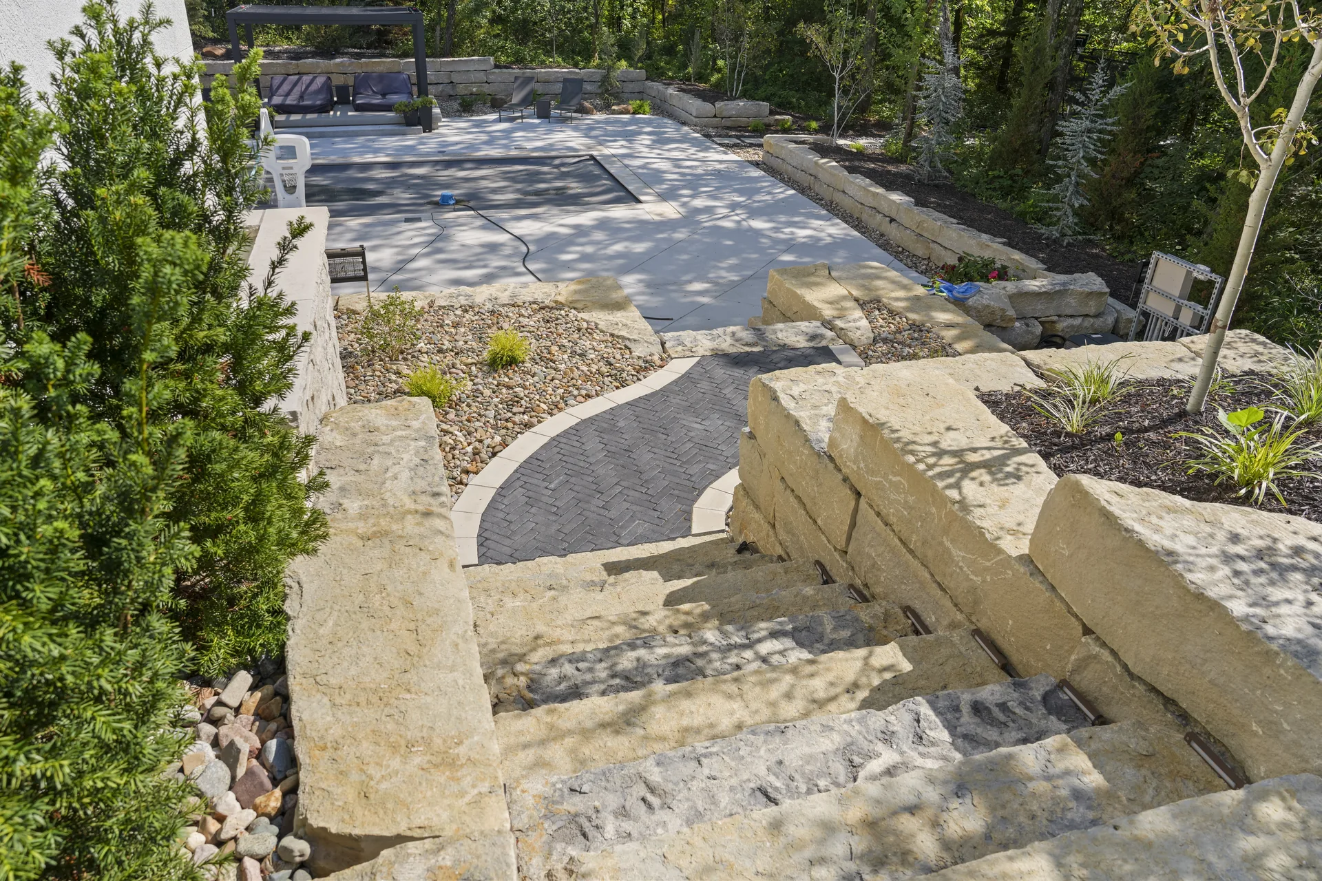 Aerial view of the paver patio, paths and steps
