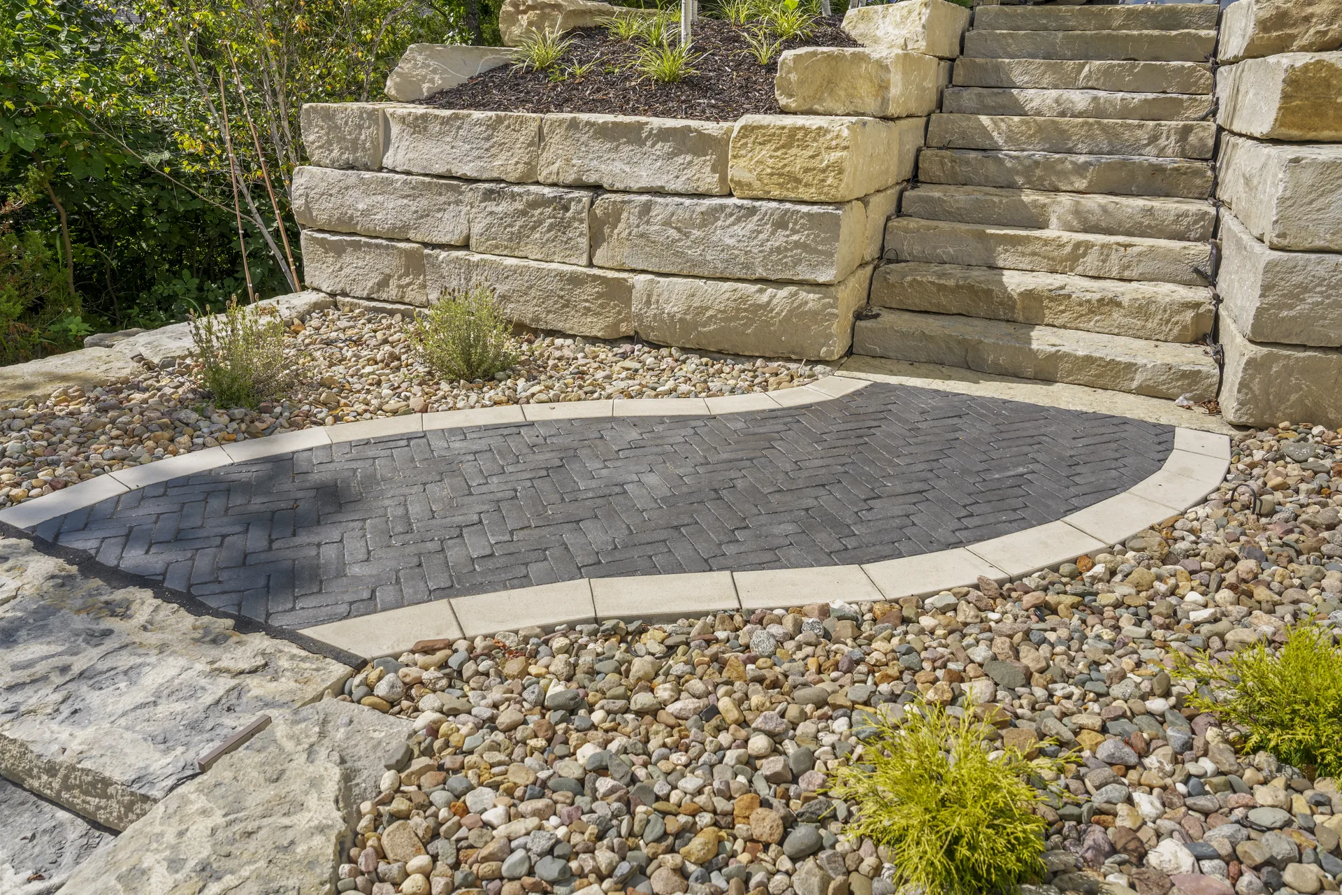 Steps and paver path at a change in yard level