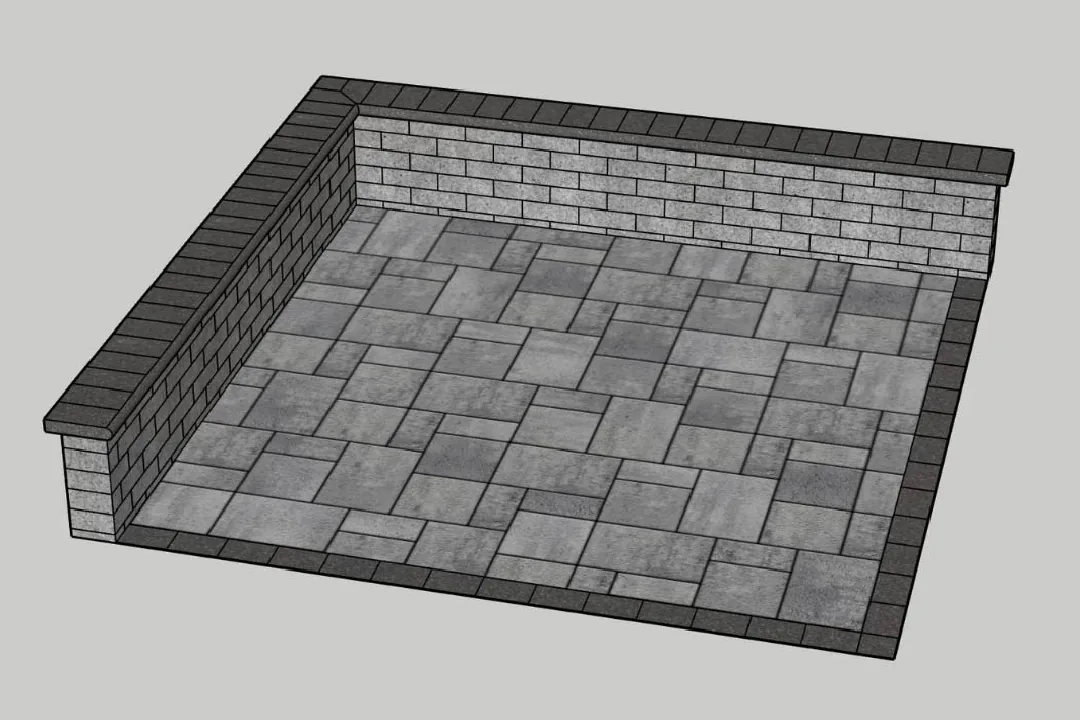 Design rendering of a gray paver patio with a dark border and L-shaped block seating wall