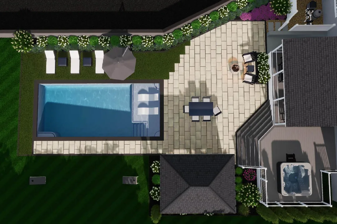 Aerial backyard design with a swimming pool, paver dining patio, lounge chairs, and a hot tub